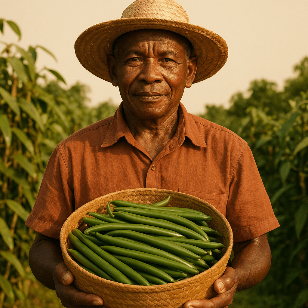 A Malagasy farmer holding a basket of freshly harvested green vanilla pods