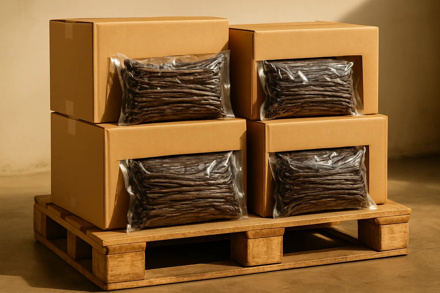 Bundles of cured vanilla beans graded for wholesale buyers
