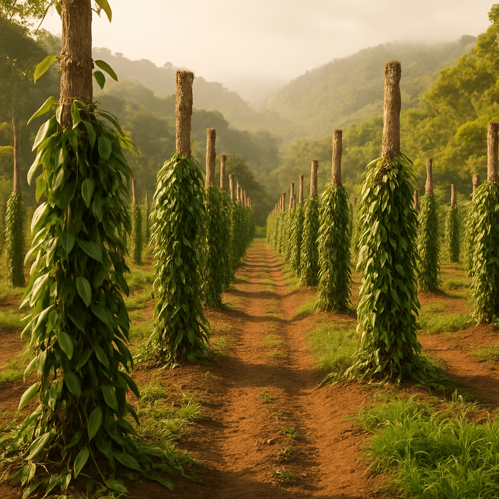 Vanilla vines trained on tutor trees at a plantation in Madagascar's Sava region