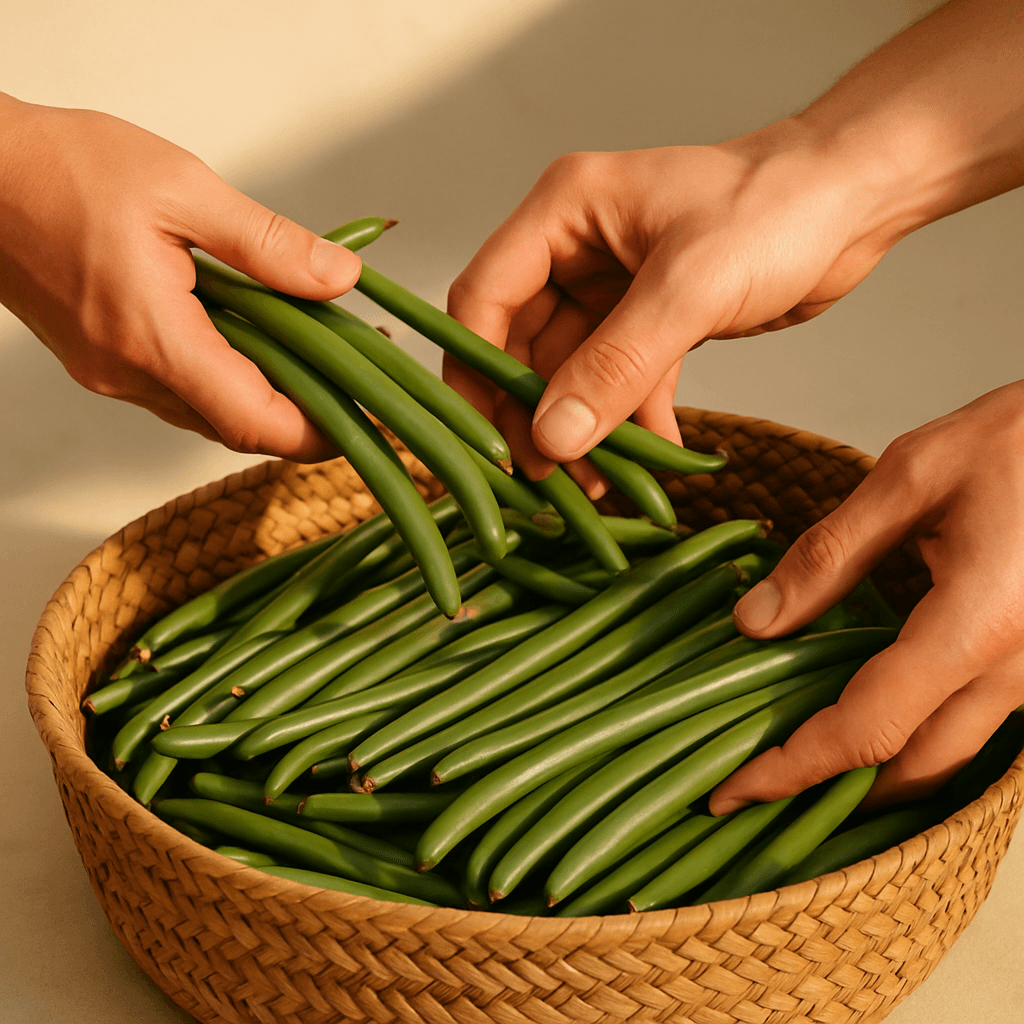 Farmers harvesting mature green vanilla pods by hand