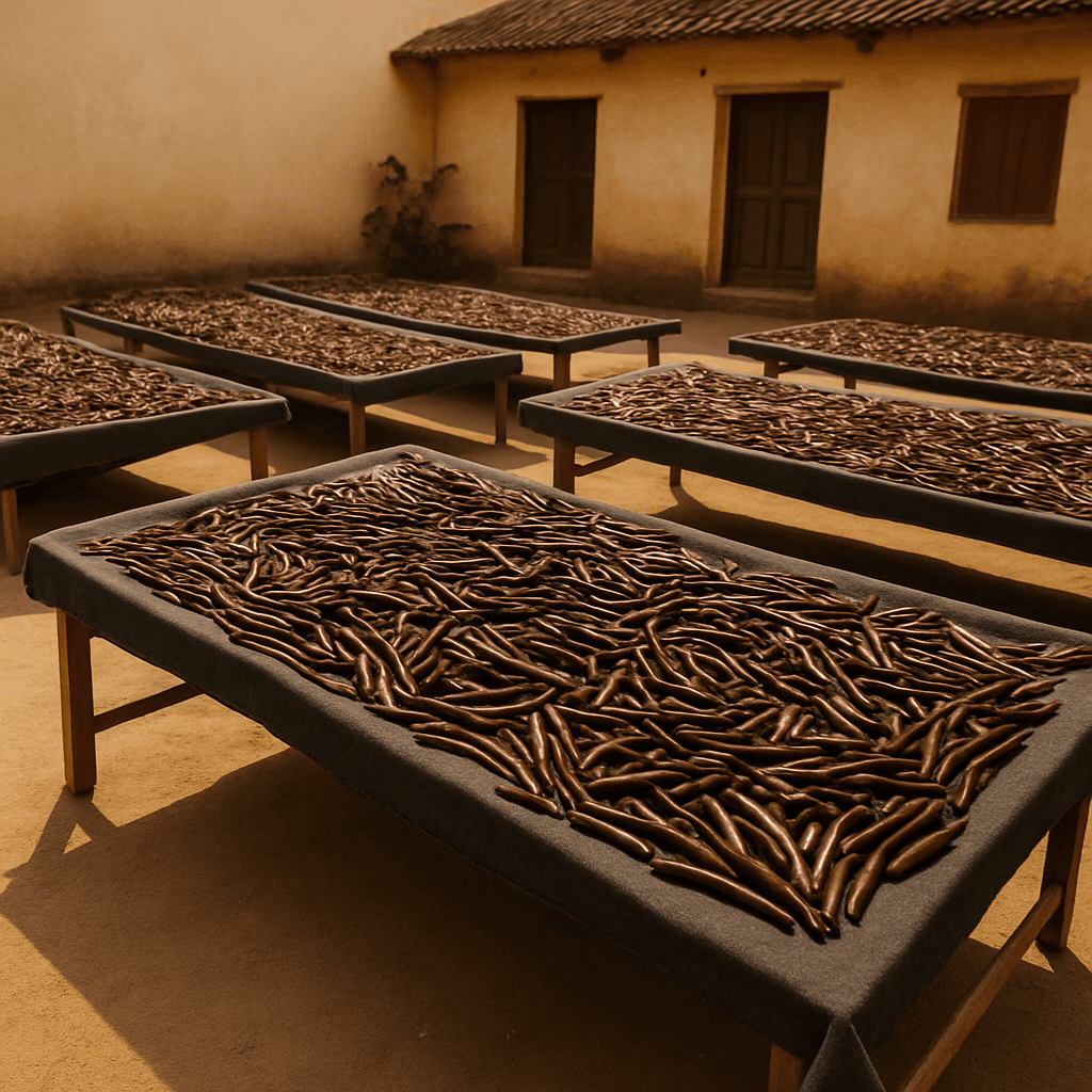 Vanilla beans laid out to sun-dry on raised racks