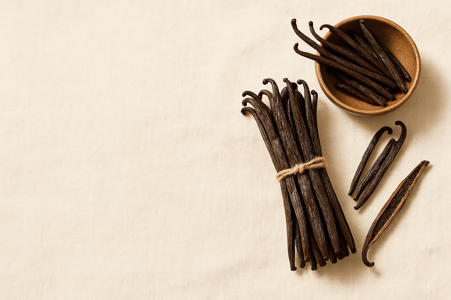 A bundle of cured Grade A Bourbon vanilla beans tied for export