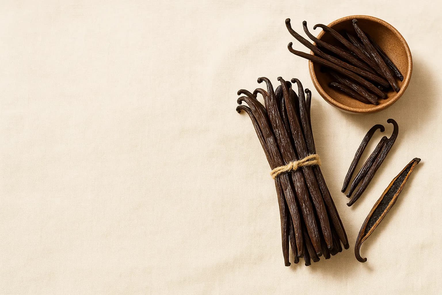 A bundle of cured Grade A Bourbon vanilla beans tied for export
