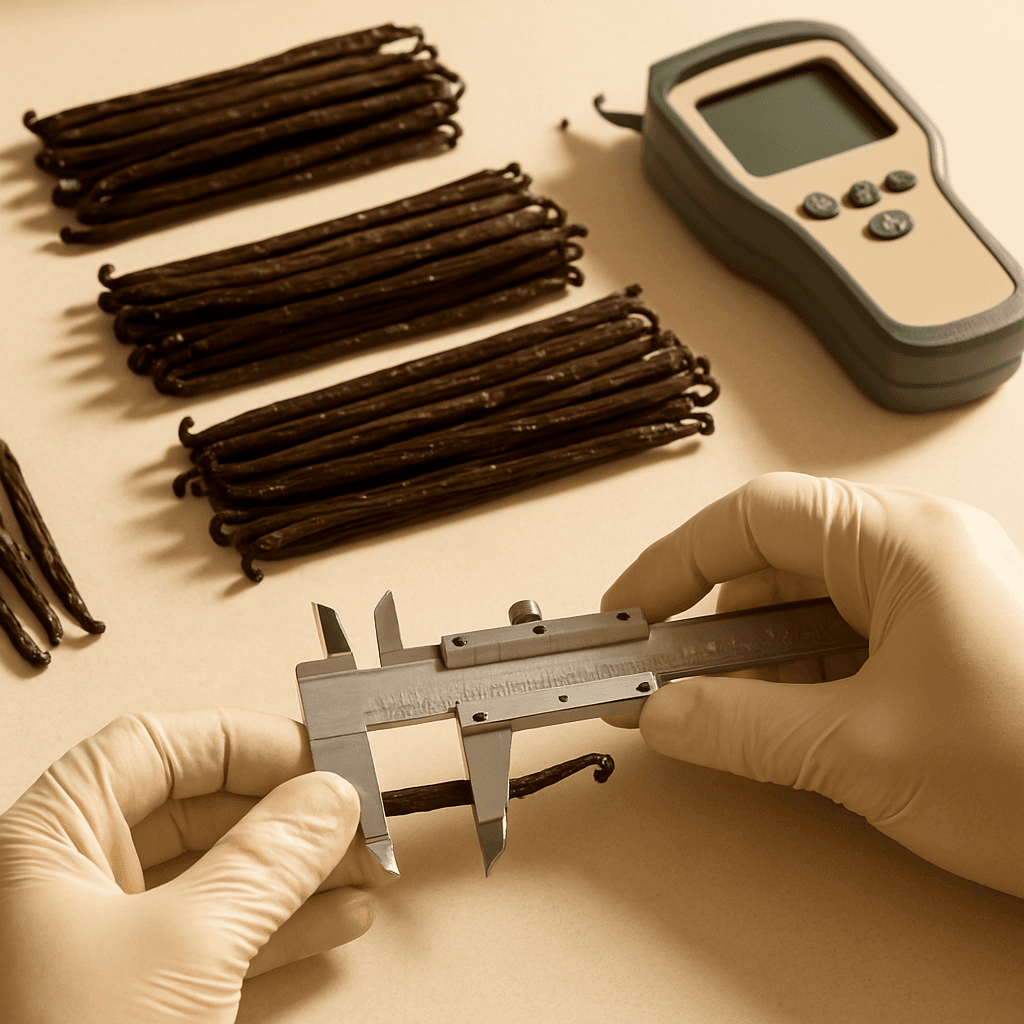 A quality inspector measuring cured vanilla beans with a caliper