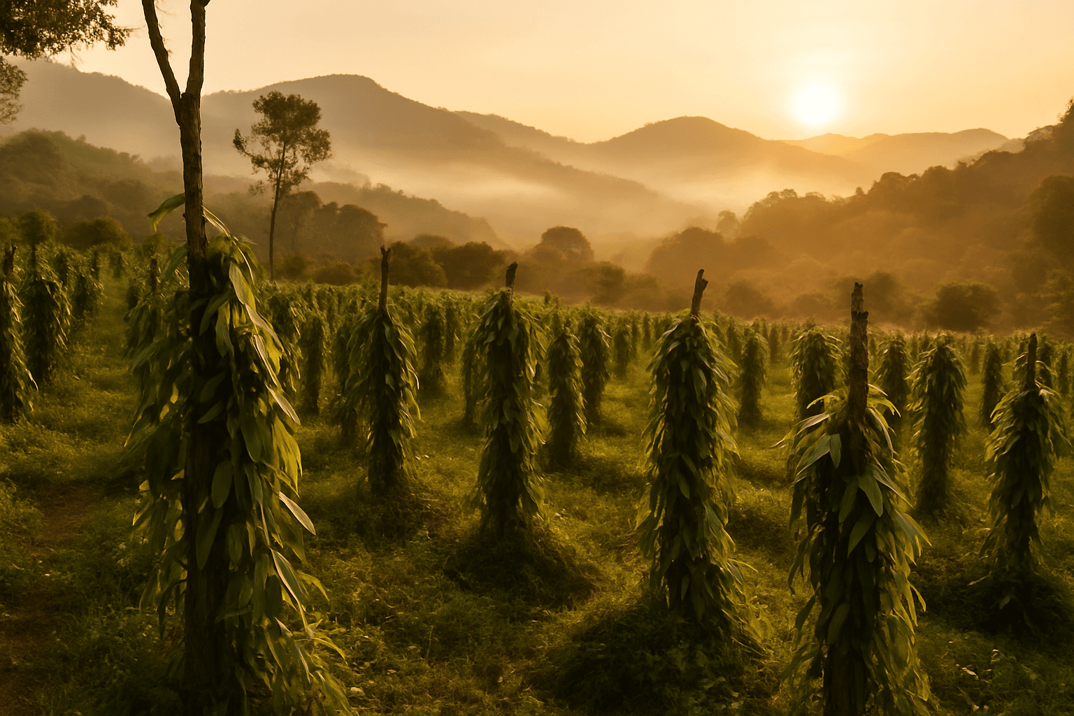 A vanilla plantation vista with vines trained on tutor trees